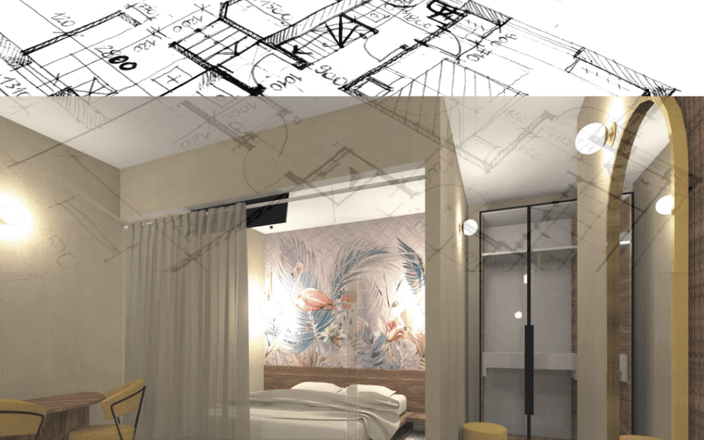 Camera da letto moderna con stampa tropicale, armadio e archi.